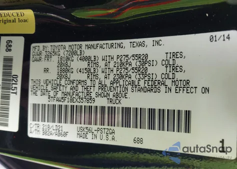 2014 Toyota Tundra 1794 5.7L V8 z USA, uszkodzony, nr VIN 5TFAW5F18EX357859